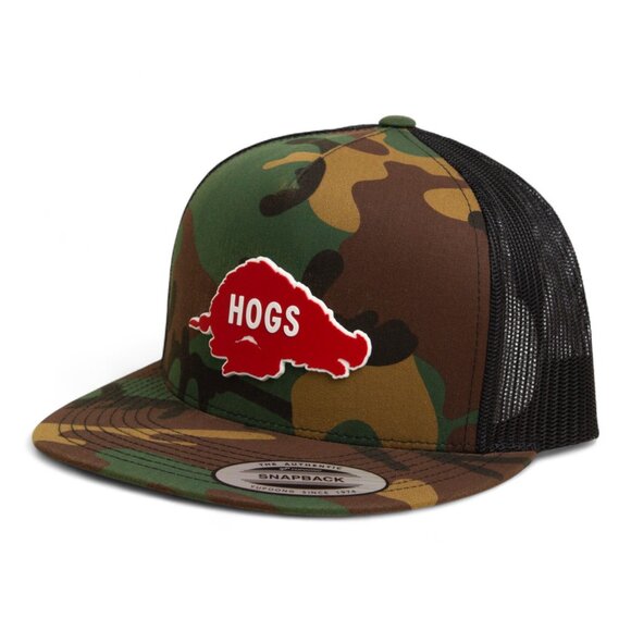 Arkansas Razorbacks Retro HOGS Red Snapback Flat Bill Trucker Hat- Army Camo/ BL - Picture 1 of 3
